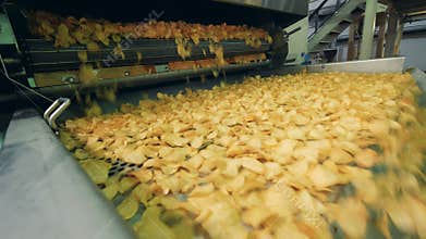 Potato chips on a factory conveyor, food production equipment works.