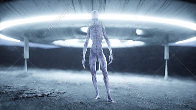 Flying saucer with alien on moon. UFO concept. Realistic metal shaders. 4K animation.