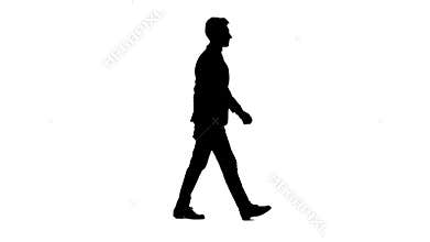 Man is going to a business meeting and waving greetings. Side view. White background. Silhouette