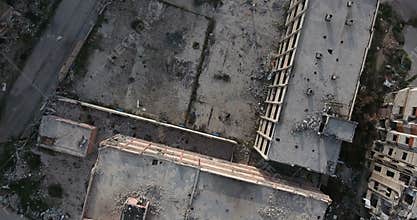 A flight of a drone over the city