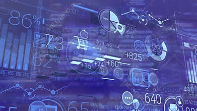 Financial data and graphs on a blue background