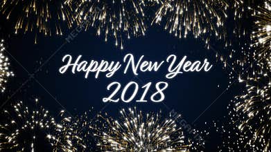 Looping happy new year 2018 social post card with gold animated fireworks on elegant black and blue background. Loop