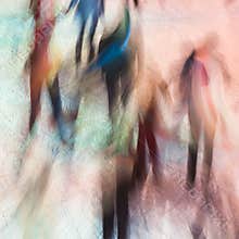 Blurred image of silhouettes of people on skating rink as multi-colored angels. Magic ice. Festive background. Concept