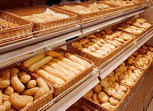 Variety of baked products at a supermarket
