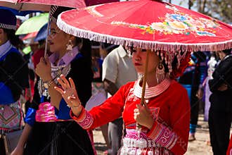 Vientiane Capital, Laos - November 2017: Hmong Girl wearing the Hmong traditional clothes during the Hmong New Year celebration in