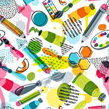 Art materials for craft design, creativity. Vector doodle seamless pattern. Background with items for handmade activity