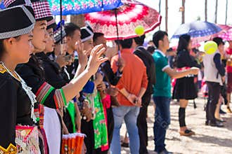 Vientiane Capital, Laos - November 2017: Hmong Girl wearing the Hmong traditional clothes during the Hmong New Year celebration in