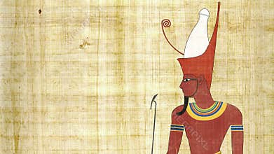 Egyptian Pharaoh with Double Crown on a Papyrus Background