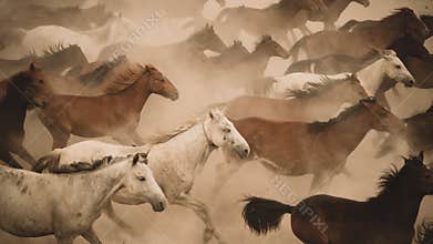 Horses run gallop in dust