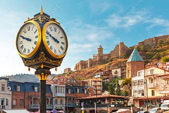 City clock and Narikala fortress, Tbilisi, Georgia