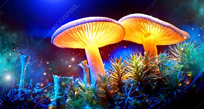 Mushroom. Fantasy glowing mushrooms in mystery dark forest