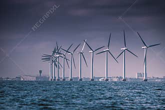 Wind turbines farm in Baltic Sea, Denmark