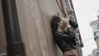 Hipster girl walking on sunset, sad student girl woman have problems