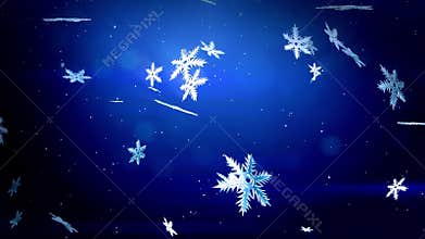 Decorative 3d snowflakes float in air in slow motion and shine on a blue background. Use as animated Christmas, New Year