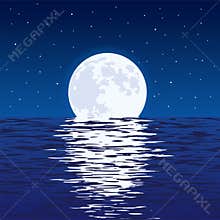 Background of blue sea and full moon at night. vector