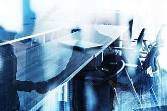Abstract business handshake background with meeting room. Concept of partnership and teamwork