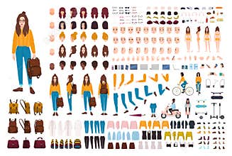 Hipster girl creation kit. Set of flat female cartoon character body parts, facial gestures, hairstyles, trendy clothing