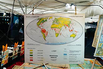 Vintage world map with annual precipitations at a flea market st