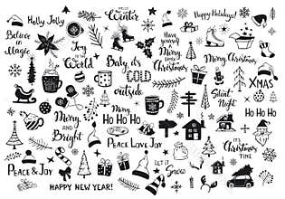 Collection of christmas new years decoration items silhouettes and outlined doodles