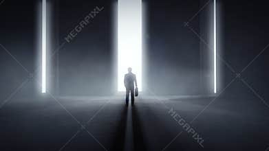 Three opening tunnels with light coming trough and man standing in front