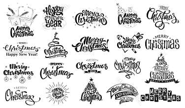 Merry Christmas. Happy New Year. Handwritten modern brush lettering, Typography set