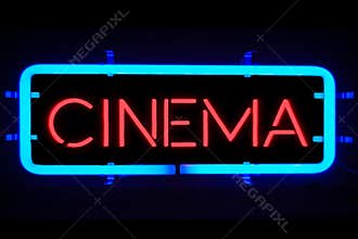 3D rendering flickering blinking red blue neon sign on black background, cinema movie film entertainment sign