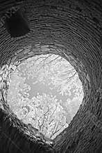View looking up inside circular tower