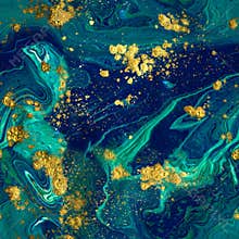 Marbled seamless background. Liquid blue marble pattern. Golden glitter texture.