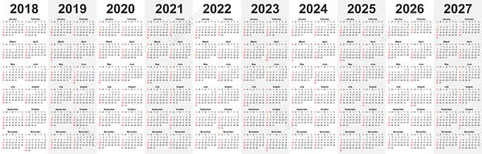 Calendar template set for 2018, 2019, 2020, 2021, 2022, 2023, 2024, 2025, 2026, and 2027 years in one vector file.