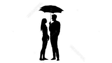 Guy opens the umbrella and they kiss the girl. White background. Silhouette