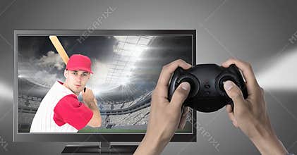 Hands holding gaming controller with baseball player on television