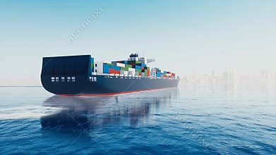 Cargo container ship and port city on horizon