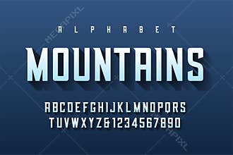 Condensed retro display font design, alphabet, character set, le