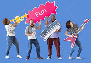 Group of diverse people enjoying music instruments