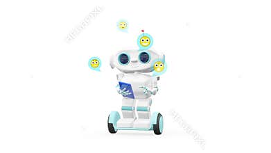 3D Animation Robot on Scooter with Blue Smartphone with Alpha Channel
