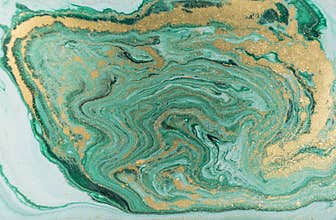 Marble abstract acrylic background. Nature green marbling artwork texture. Golden glitter.