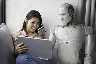 Woman with robot advisor