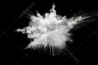 White powder explosion on black background.Stopping the movement of white powder on dark background.