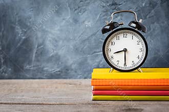 1 September concept postcard, teachers` day, back to school or college, supplies, alarm clock