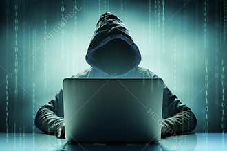 Faceless Anonymous Computer Hacker With Laptop