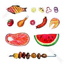 Hand drawn watercolor set of food for picnic, summer eating out and barbecue