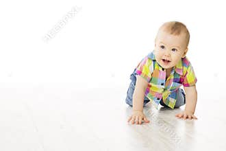 Baby Crawling on White Floor, Child Boy Crawl on all fours, White