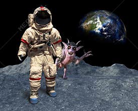 Funny Astronaut, Space Alien, Photobomb, Moon Landing