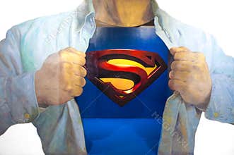 Photo of 3D Wall Painting of Superman, from a famous scene where Clark Kent is transforming into Superman by wearing on top of hi