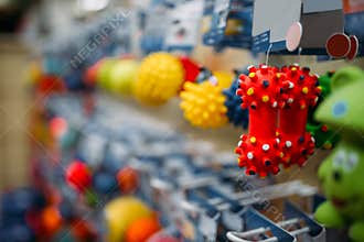 Pet shop, shelves with accessories, closeup