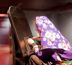 Chinese female engraver wearing a ultra violet headdress, srgb image