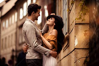 Passionate gorgeous young couple embrace each other while walk across ancient city. Cheerful elegant cute female model