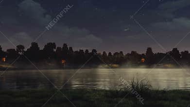Calm pond in a city park under dark night sky