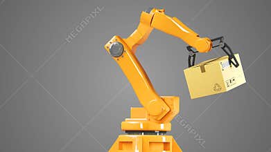 Carton boxes set and special transportation robot and hydraulic machine with mechanic arm using for packing, isolated on