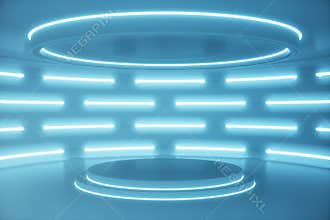 Interior blue futuristic background, sci-fi interior concept. Empty interior with neon lights 3D illustration